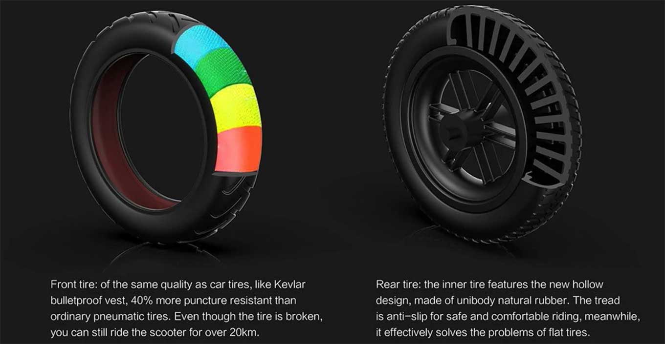 Alfawise M1 review - vacuum tires (front) and honeycomb tires (back)