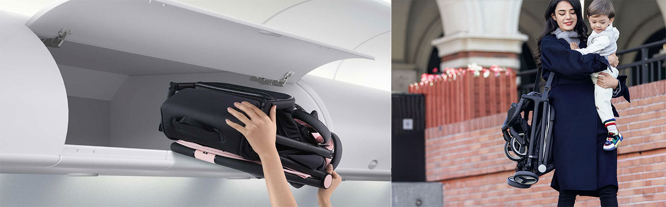 Xiaomi Stroller: folds carry-on luggage size; comes with shoulder strap