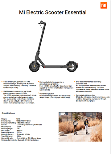 Xiaomi Scooter Lite (Mi Electric Scooter Essential) - Product Sheet